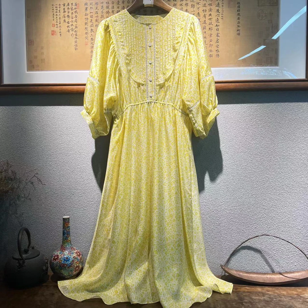 【墨枝真丝】泡泡袖公主裙镂空设计黄色印花桑蚕丝连衣裙8808