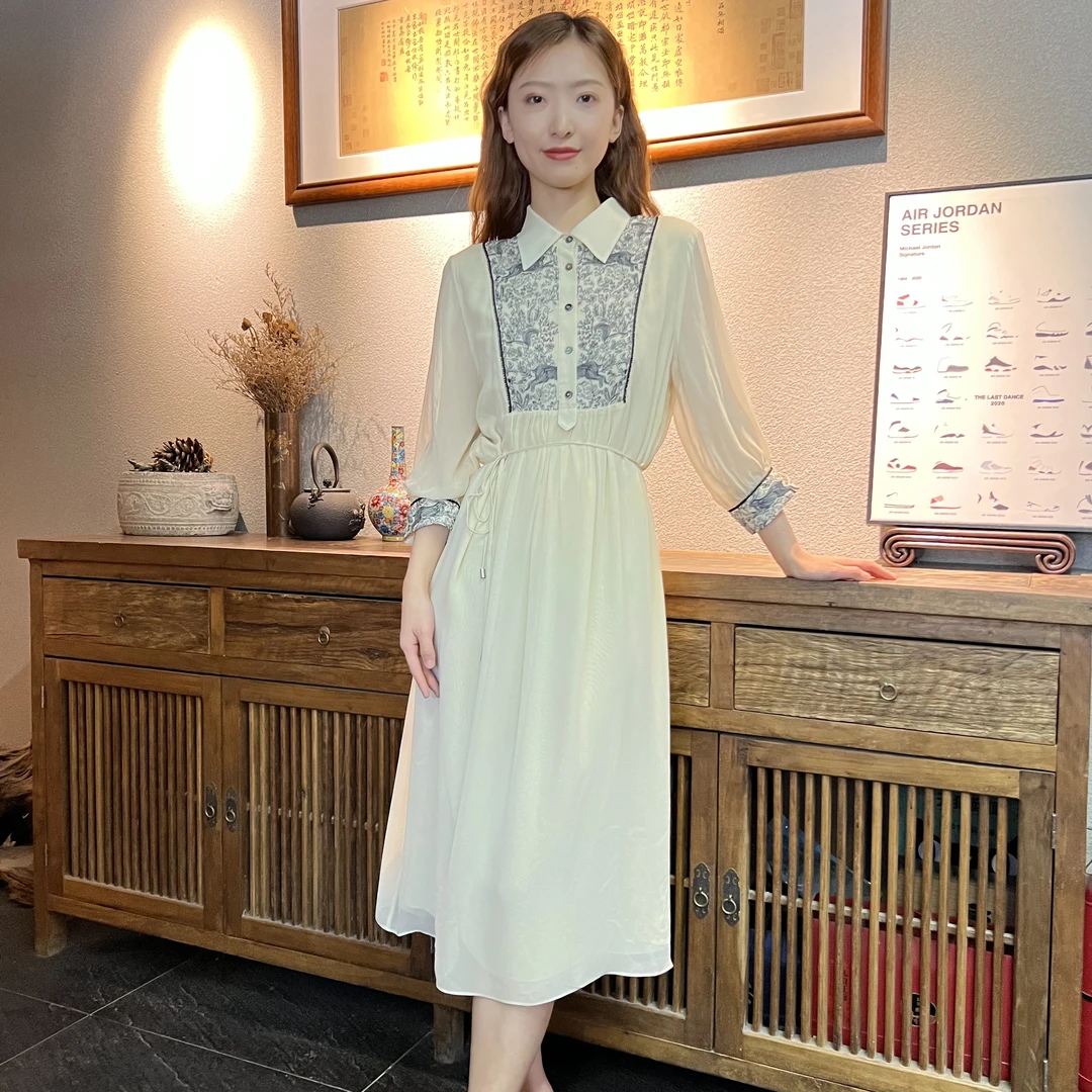 【墨枝】重工艺刺绣双层纯色桑蚕丝连衣裙D9008472