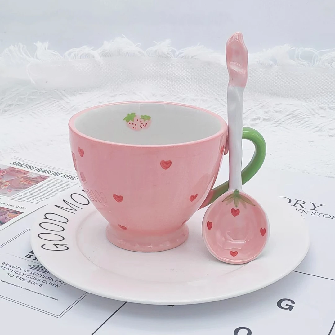 【粉丝专享】草莓水杯粉花早餐杯牛奶杯少女心陶瓷咖啡杯粉色大容量