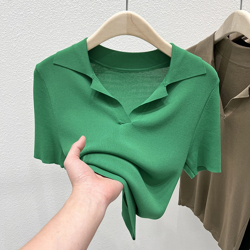 短袖翻领冰丝针织上衣女2025夏季新款气质T恤时尚修身POLO领体恤