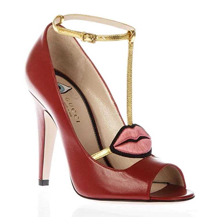 99新 GUCCI/古驰 35.5/36/36.5奢呗皮质一字带鱼嘴高跟凉鞋