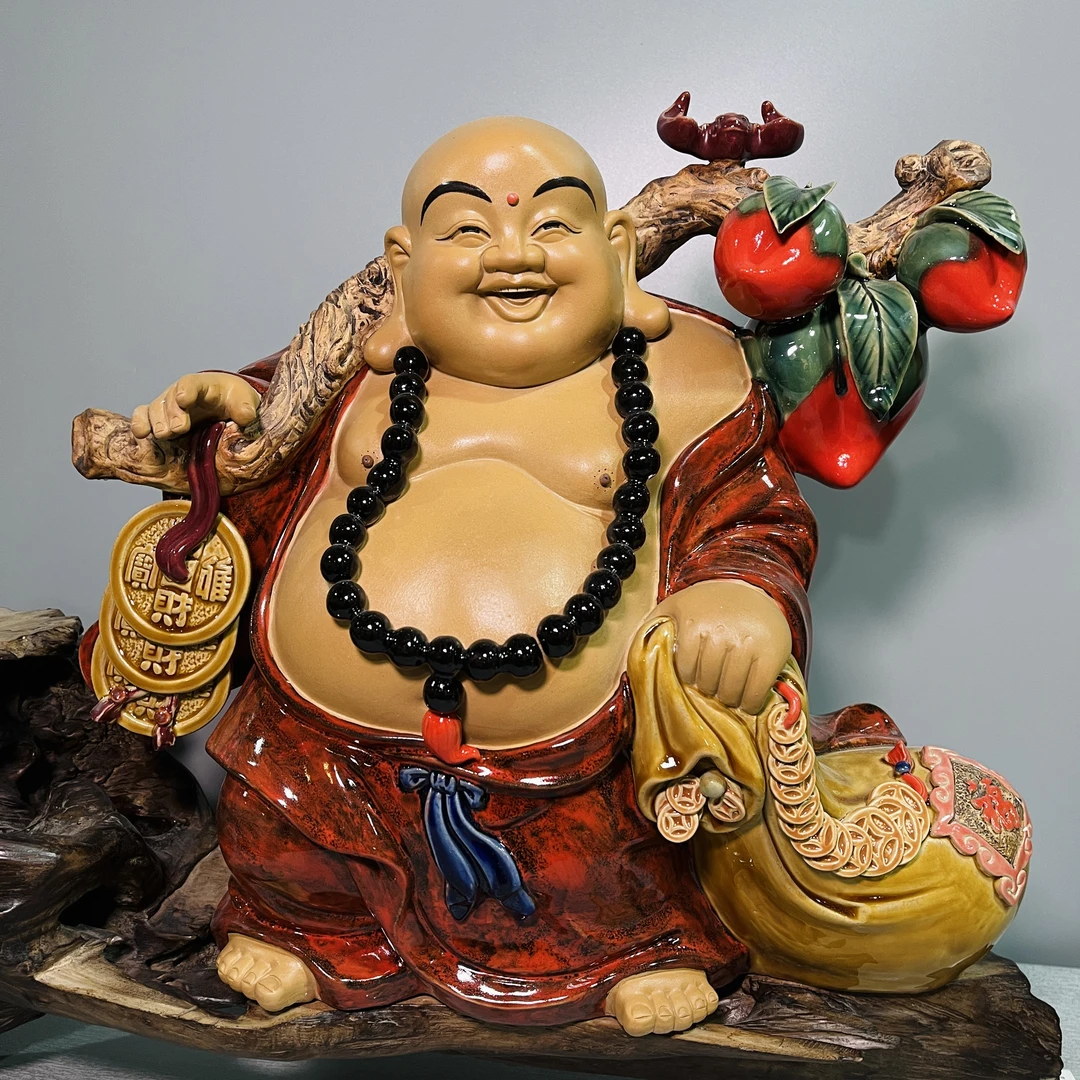 【代代长寿-笑佛长43宽23高39】精品石湾公仔全手工陶瓷家居摆件