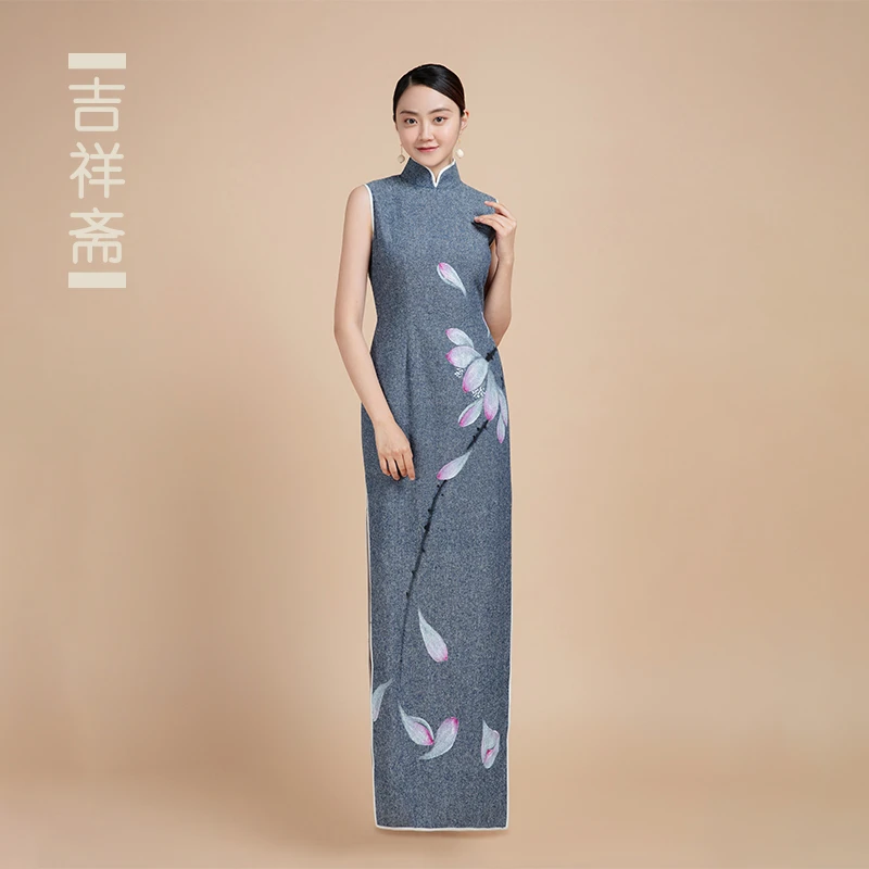 吉祥斋女装步步生莲长旗袍夏款长款无袖中式小立领国风礼服正品