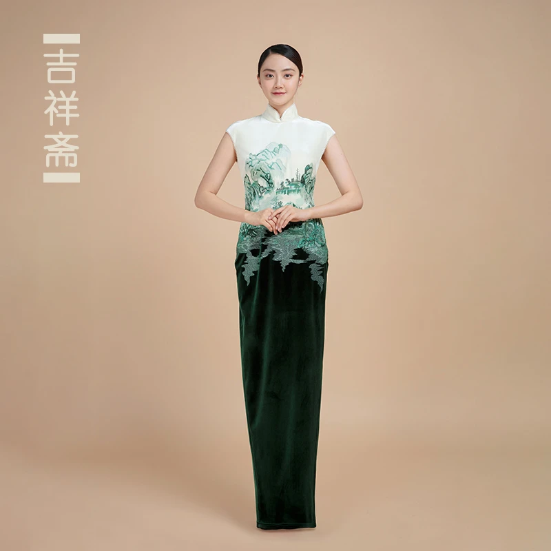 吉祥斋女装秋水一色旗袍刺绣修身气质长款旗袍国风礼服演出服正品