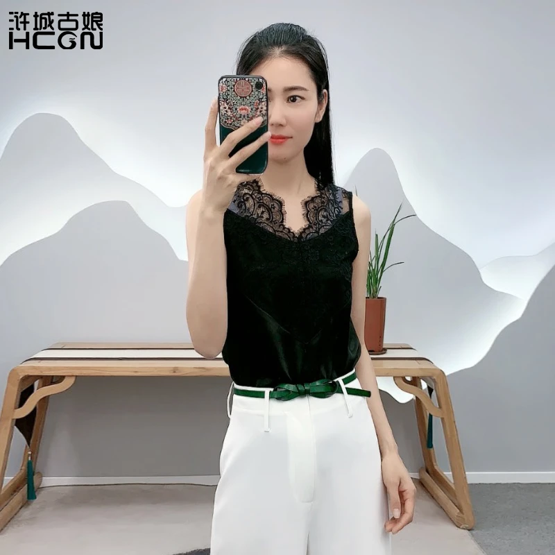 夏季新品醋酸休闲百搭无袖上衣轻奢凌波蕾丝背心-WTDD013