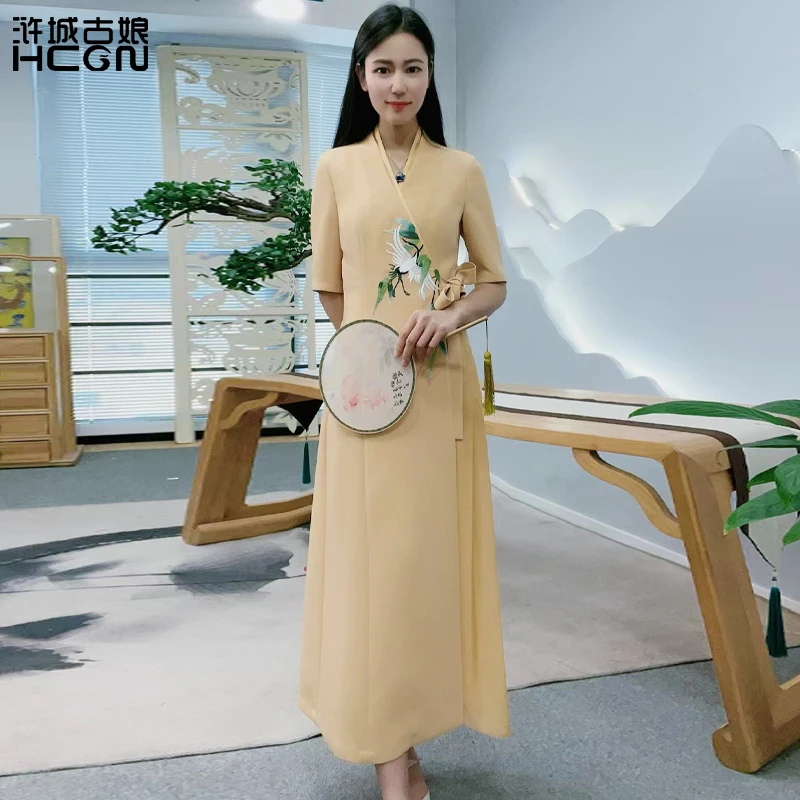 浒城古娘中式国风复古风优雅时尚夏季修身竹林风连衣裙-22B11162