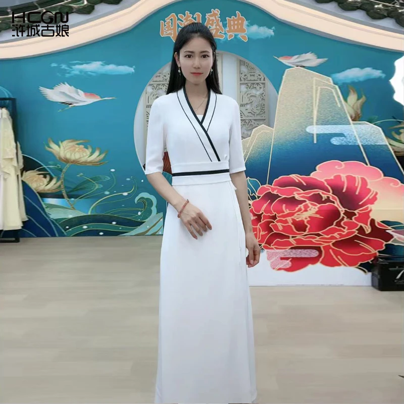 夏季中式醋酸交领复古修身Y领气质仙女白裙天禅交领连衣裙21B1199