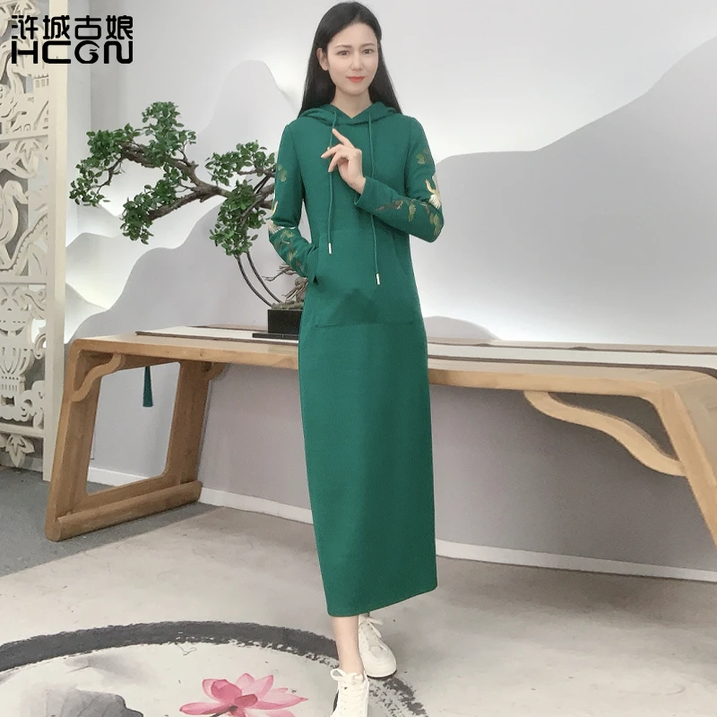 浒城古娘中式国风气质优雅时尚高贵复古松鹤帽绳连衣裙-21C1783