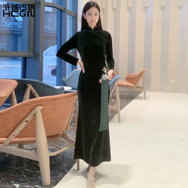 浒城古娘中式长袖复古气质长款改良旗袍国风气质锦绣旗袍-21C1792