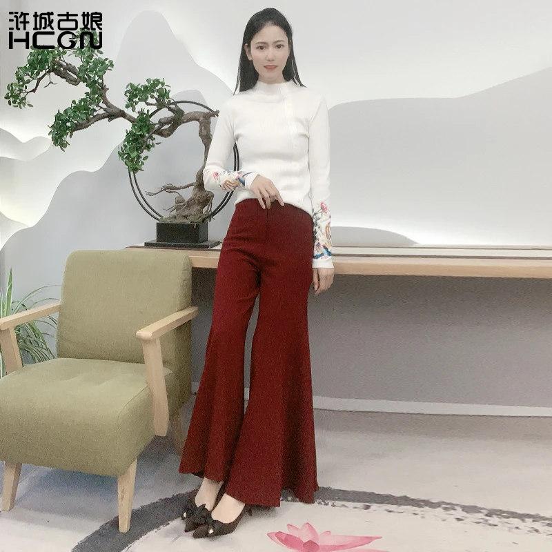 浒城古娘中式国风气质休闲百搭时尚女清波引鱼尾阔腿裤-21C19171