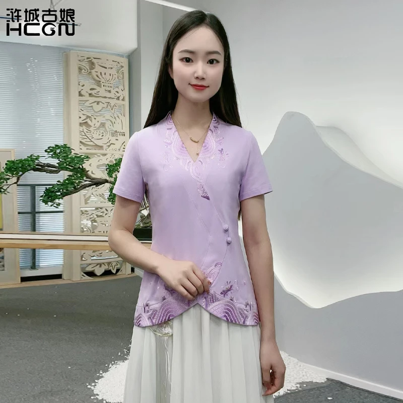 浒城古娘中式国风刺绣百搭休闲日常通勤修身逸水短袖T恤-22B18372