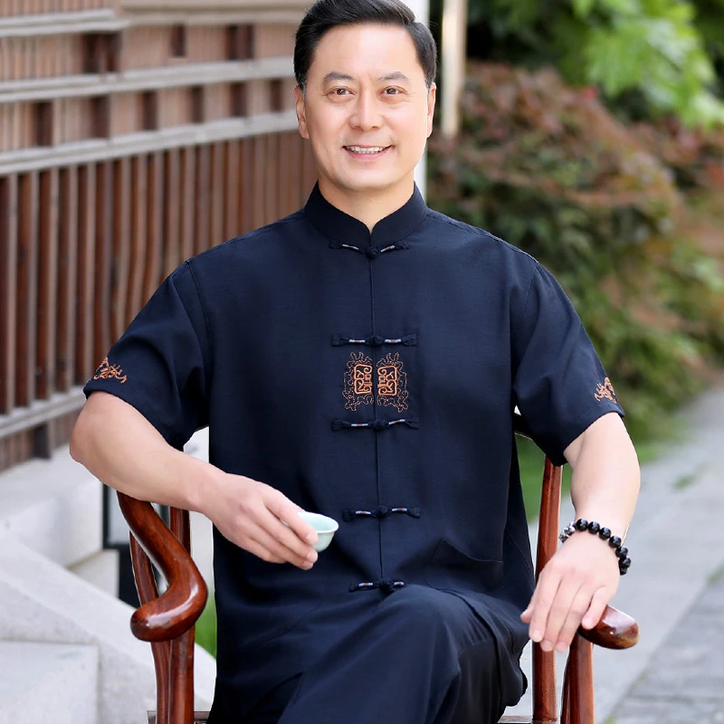 中老年男装夏装套装唐装男短袖中国风刺绣宽松爸爸大码晨练服汉服