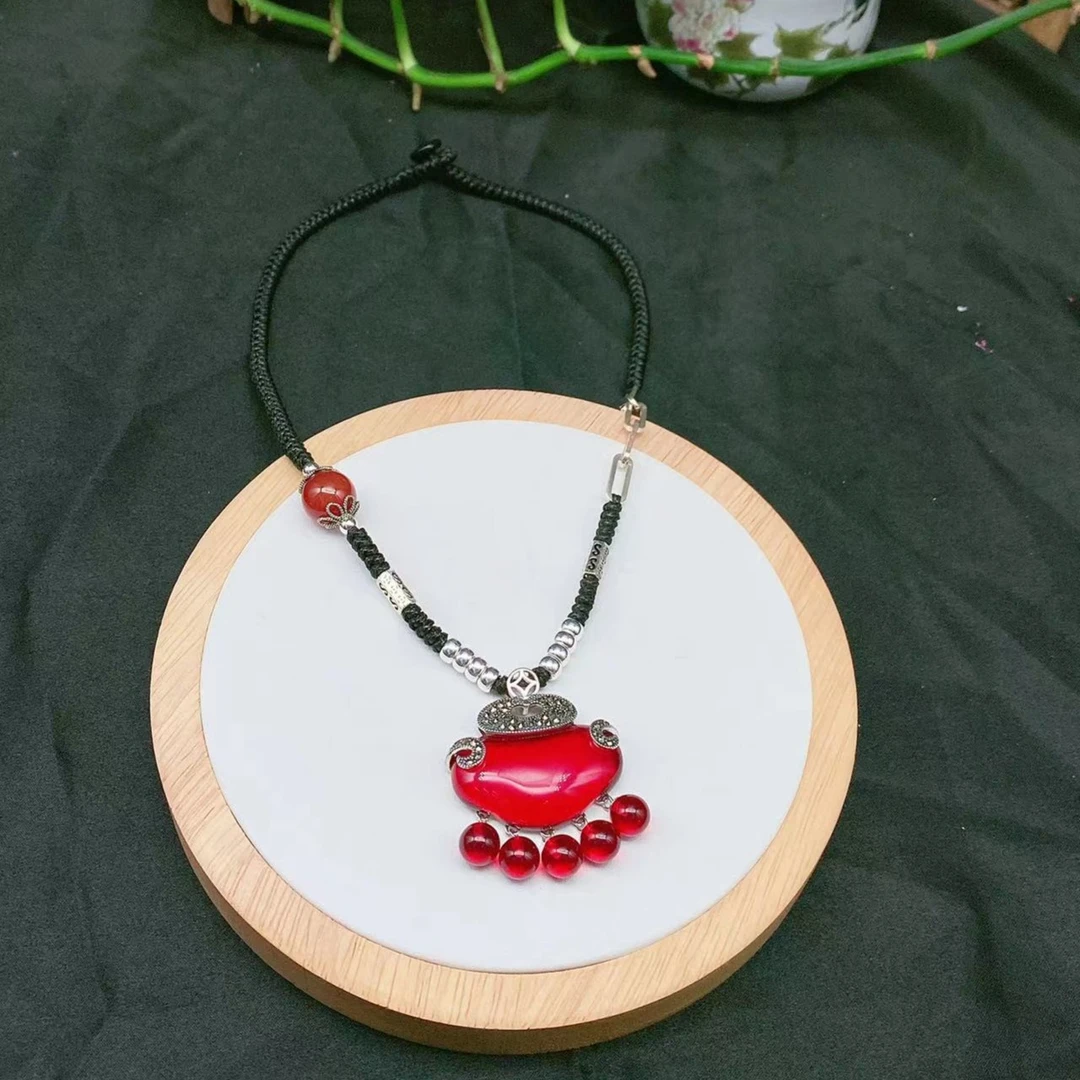 吊坠925银莫桑石 春晓老银匠不对称时尚红色项链