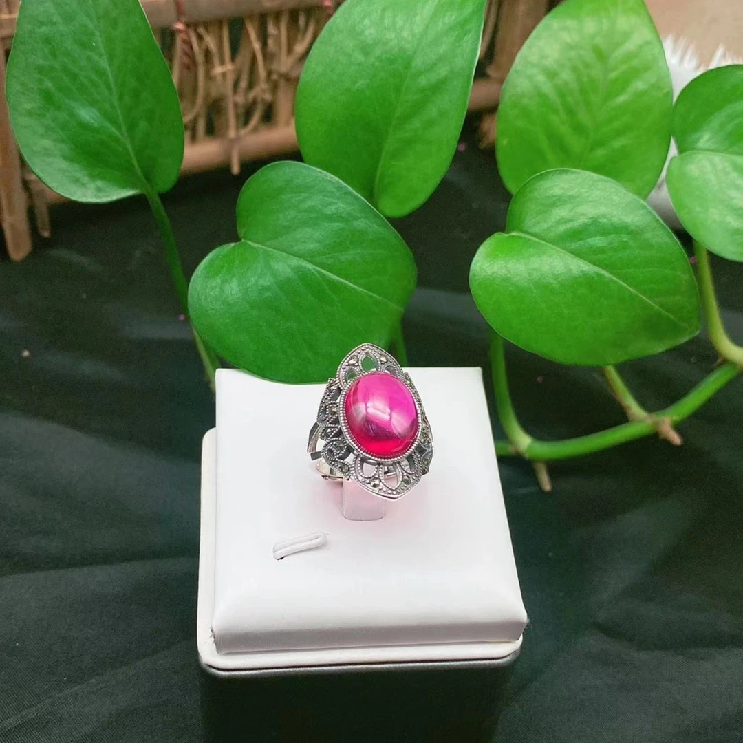 925银莫桑石戒指春晓老银匠时尚红戒指（活口可调节）