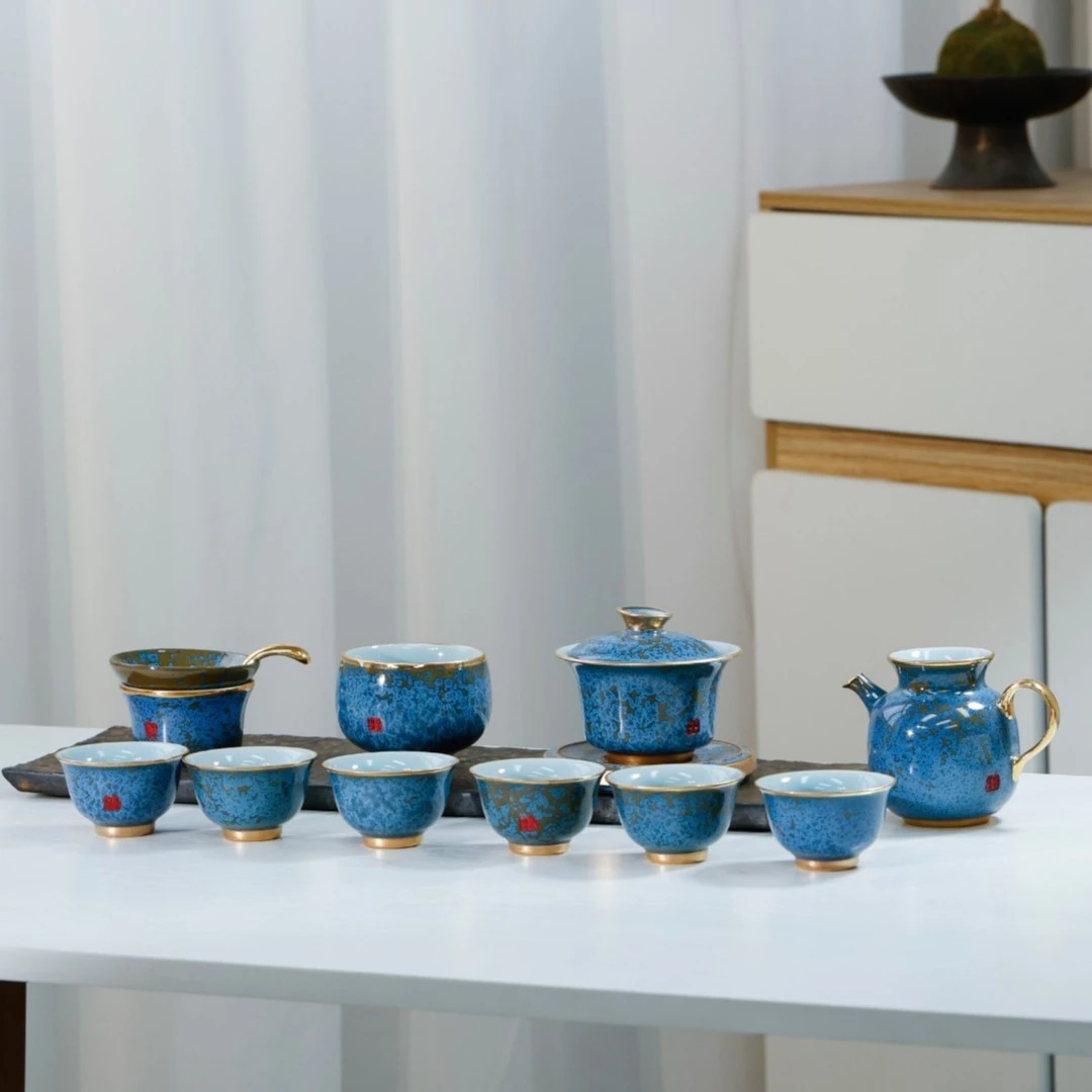 蓝色均御官窑茶具家用简约陶瓷中式礼盒装手工家用简约陶瓷珐琅彩