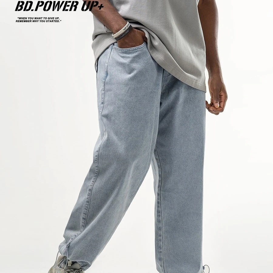 BD.POWER UP+新款水洗蓝浅色牛仔裤弹力宽松百搭梭织休闲长裤男