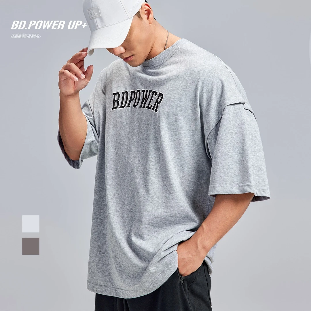 BD.POWER UP+夏季男士短袖t恤大码时尚贴布绣运动t恤男宽松