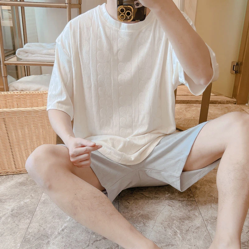 纯棉男士睡衣夏季薄款短袖五分裤家居服可外穿青少年套装宽松大码