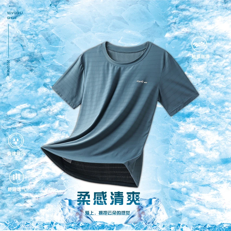 2024新款夏季爸爸夏装中年男士T恤超薄冰丝速干网眼短袖衣服男装