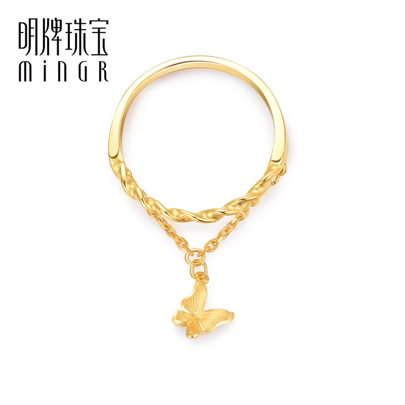 T明牌珠宝足金蝶恋叠戒 个性时尚蝴蝶黄金双层戒指精致女AFM0064