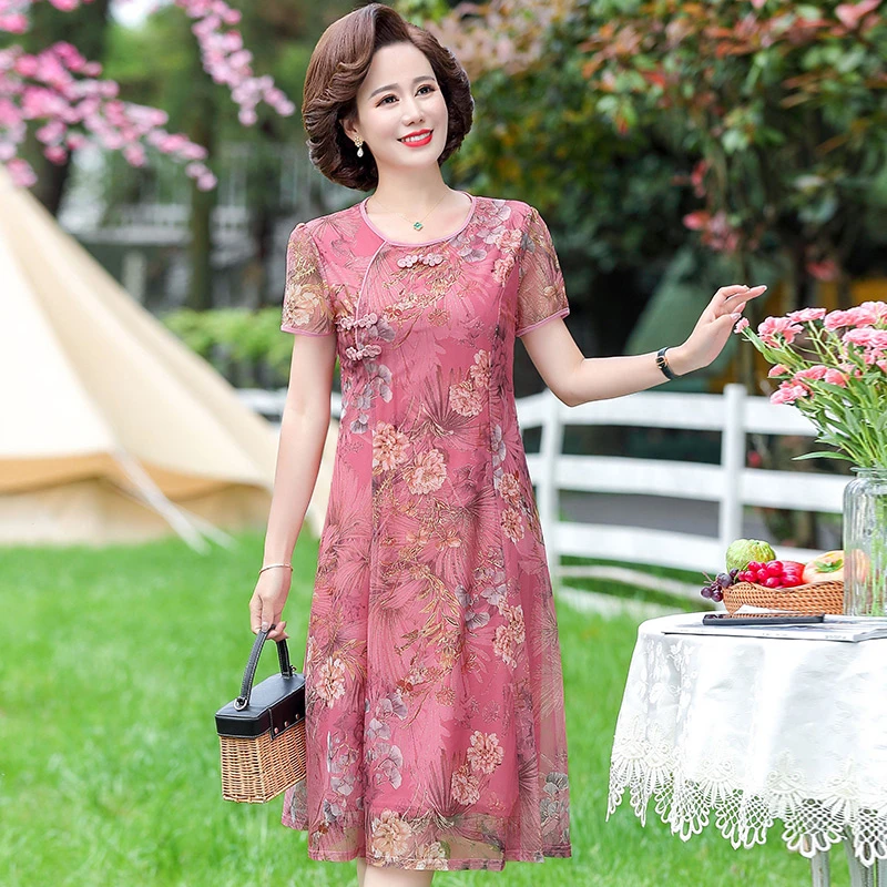 XL-5XL  妈妈夏装旗袍连衣裙2024年新款中老年女装 气质优雅a6898