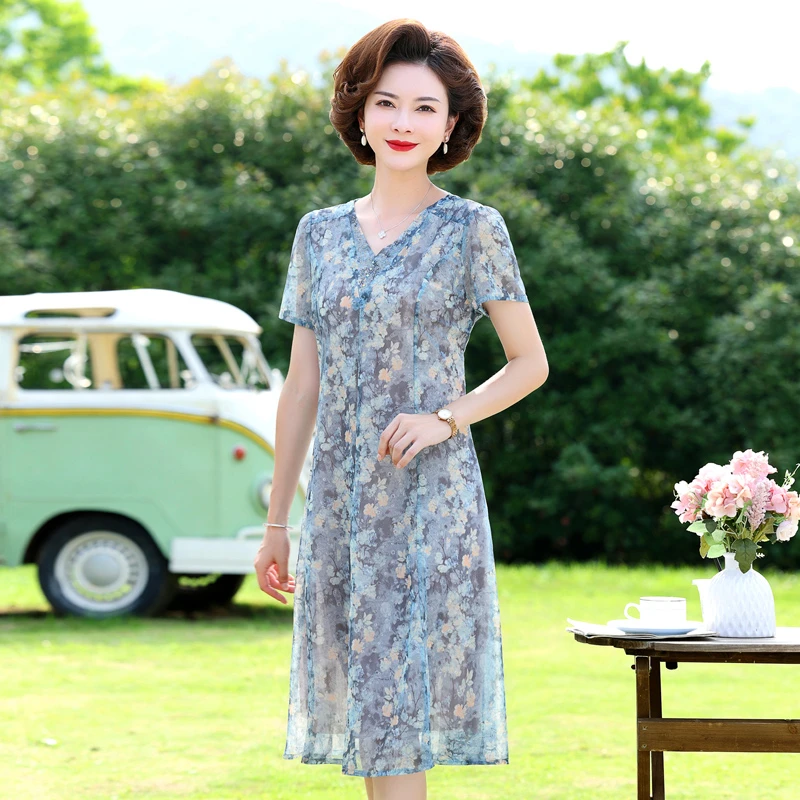 XL-5XL  妈妈夏装连衣裙2024新款中老年女裙子 a9523雪纺