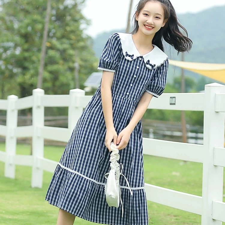 少女连衣裙夏季学院风格子甜美初中学生夏装高中女生公主过膝长裙