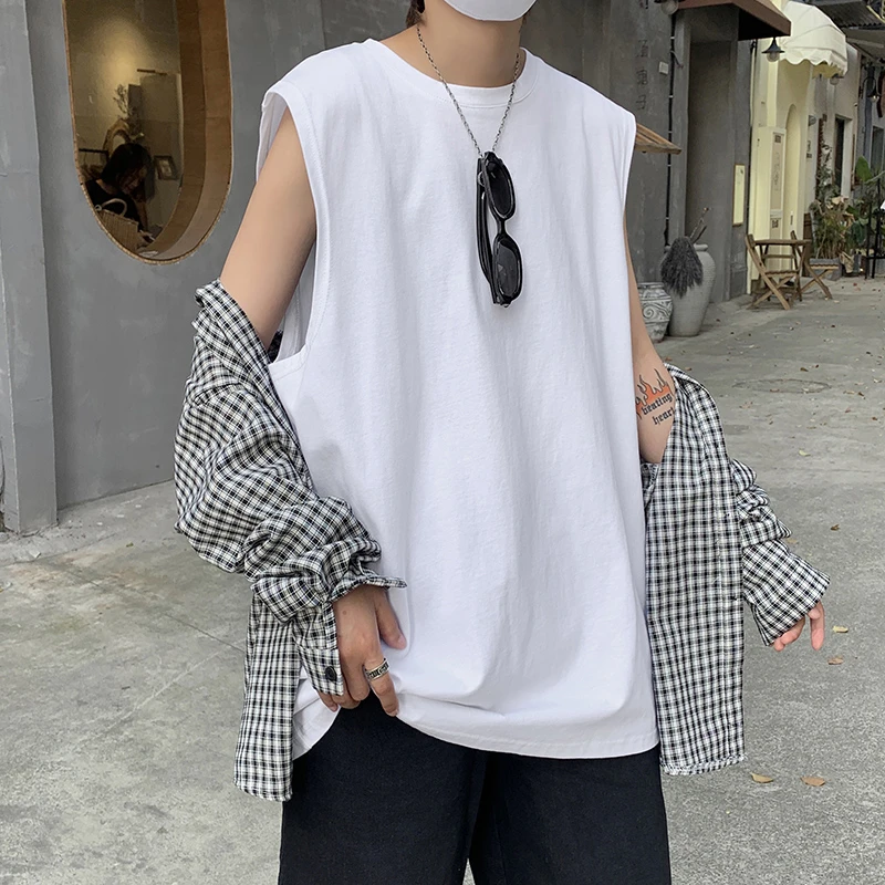 运动背心男士宽松夏季潮牌ins纯棉健身无袖坎肩白色打底衫短袖t恤