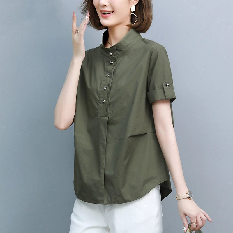 短袖纯棉衬衫女2025年夏季新款妈妈休闲宽松大码百搭纯色立领上衣