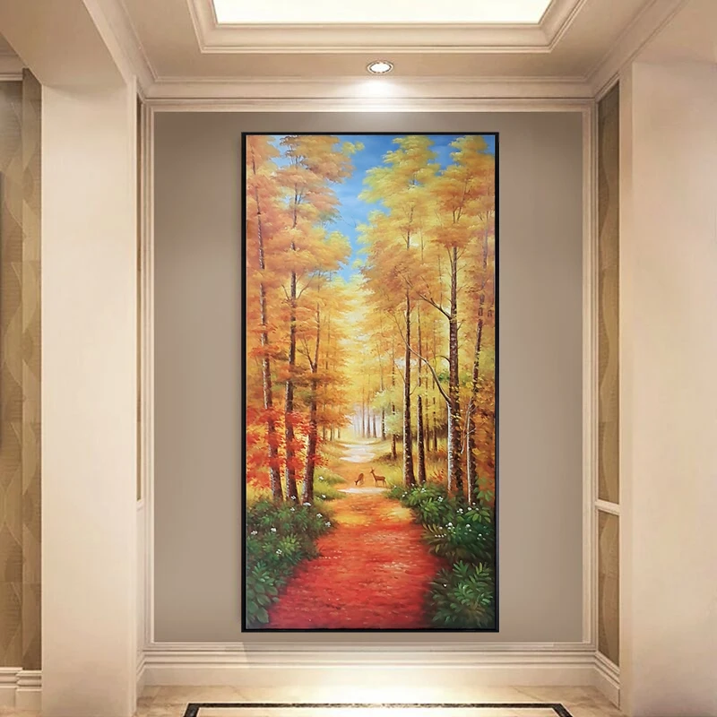 手绘现代美式黄金大道路路通风景油画玄关过道走廊挂画大型壁画