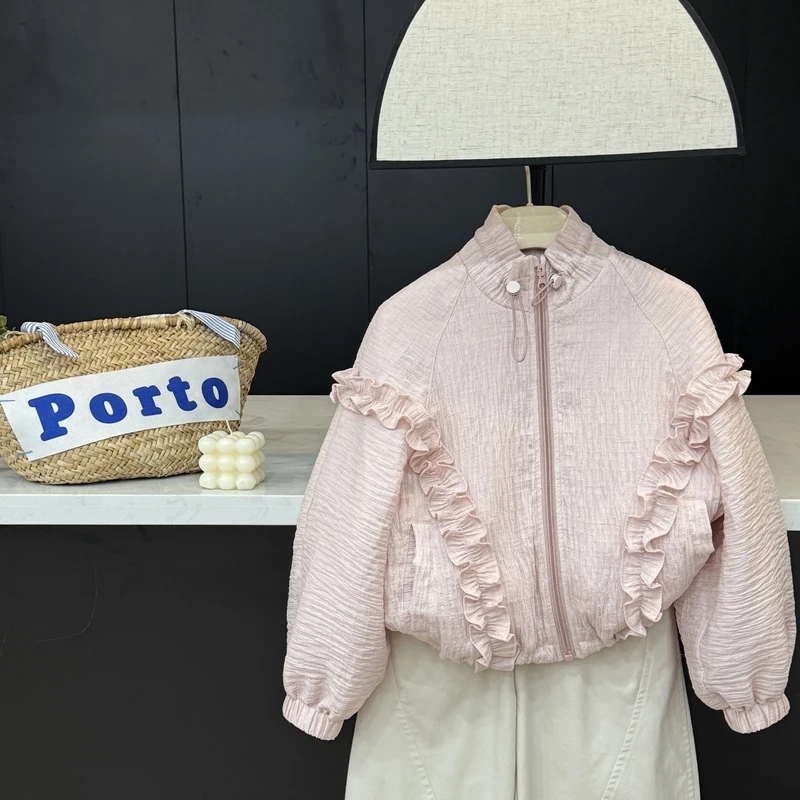 【现货】leomama女童木耳花边外套儿童春季款百搭洋气粉色拉链上衣