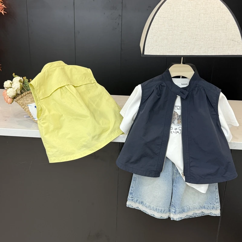 leomama【老钱穿搭】女童洋气休闲百搭马甲中大童纯色时尚拉链上衣