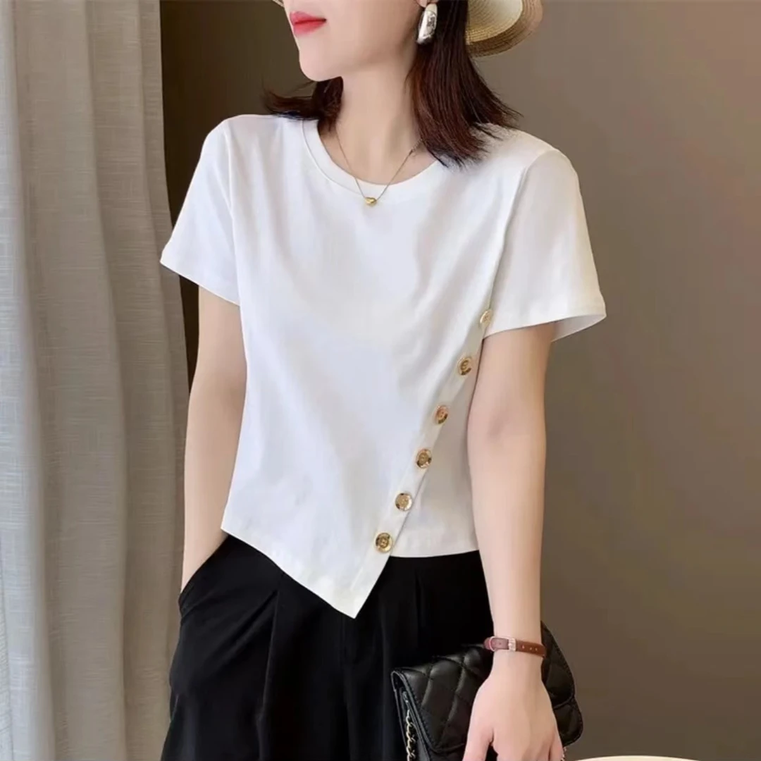 夏季百搭时尚纽扣装饰T恤女短款韩版不规则短款上衣圆领休闲t恤女