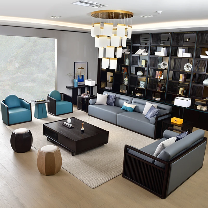 简约新中式实木沙发组合禅意别墅办公室大小户型真皮客厅定制家具