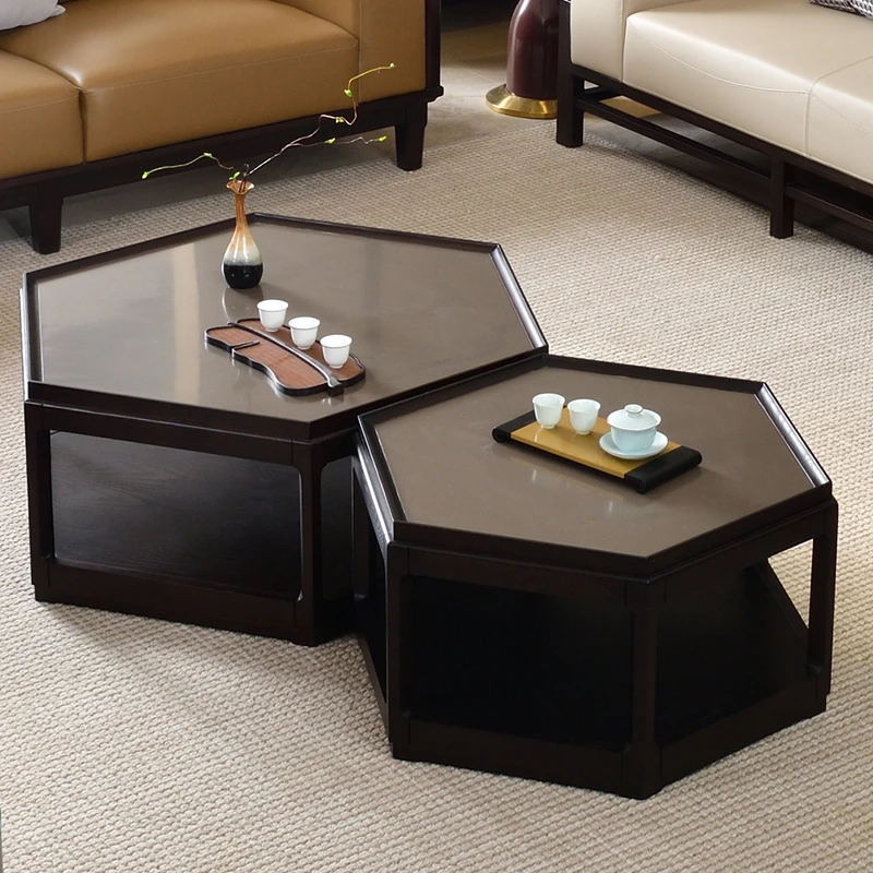 新中式茶几组合创意简约六角多边形实木圆形矮桌样板间客厅家具