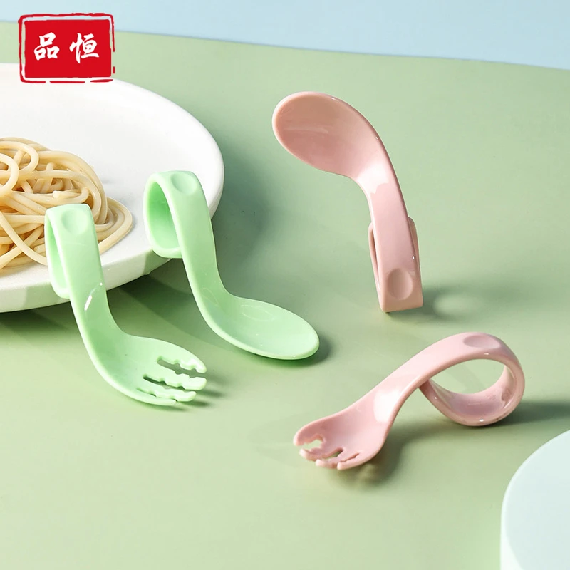 品恒作宝宝勺子学吃饭弯头短柄叉套装一岁儿童婴儿训练辅食餐具勺