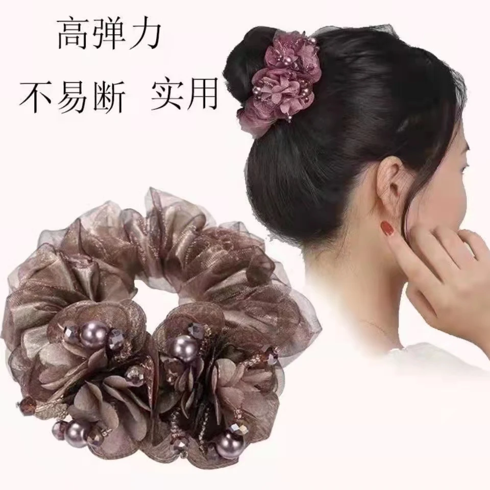 韩系欧根纱双花朵头饰头绳高弹力大肠发圈韩国发饰气质手工发圈