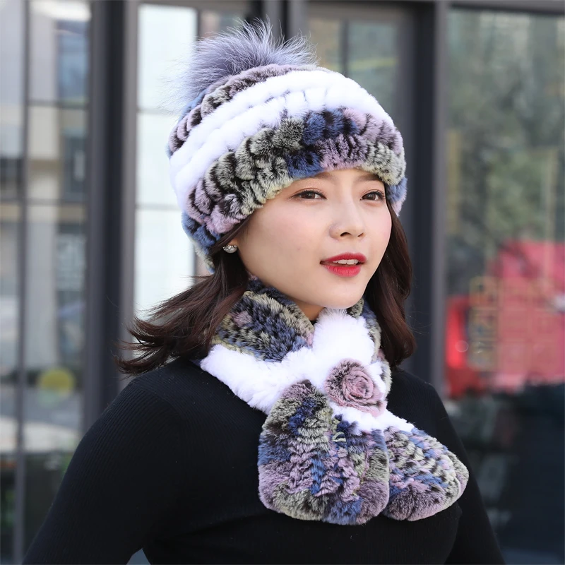 獭兔毛帽子女韩版潮户外保暖加厚皮草帽子时尚毛球毛线针织妈妈帽