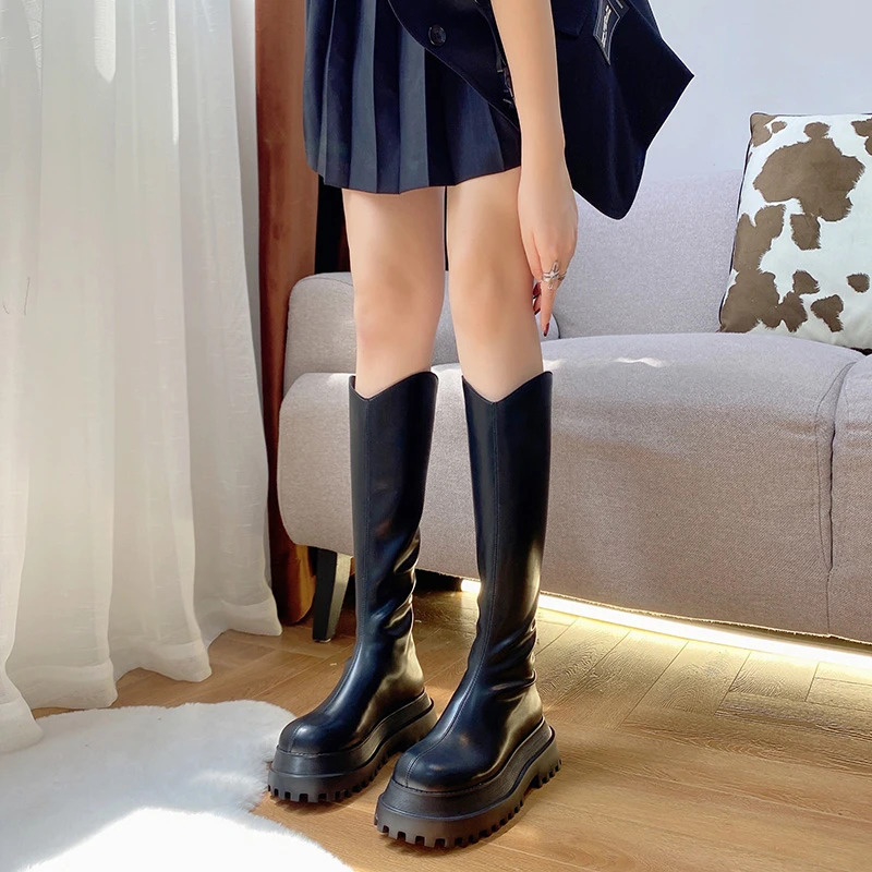 真皮新款显瘦女士长筒靴女百搭骑士靴2022秋冬长靴厚底靴子高筒靴