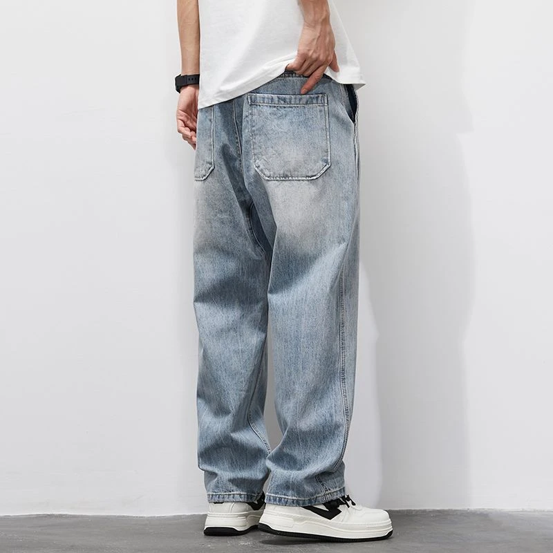广州新塘牛仔裤男宽松直筒阔腿浅色拖地裤男士春夏款休闲长裤子男