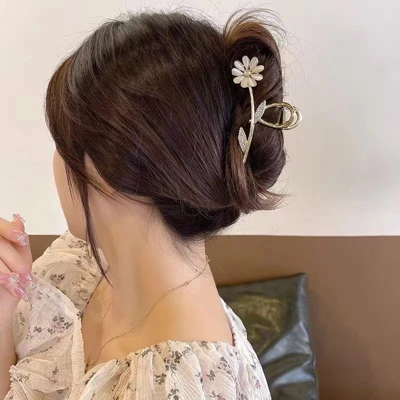 铁合金合成锆石发饰 气质高级小雏菊花朵抓夹金属发夹大号鲨鱼夹