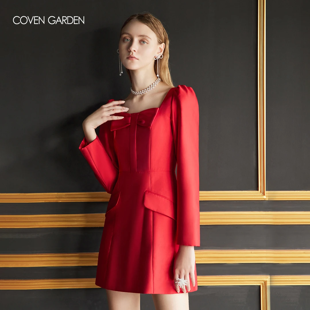 【陈大可】哥文花园复古方领大红连衣裙CWC1082298 COVEN GARDEN