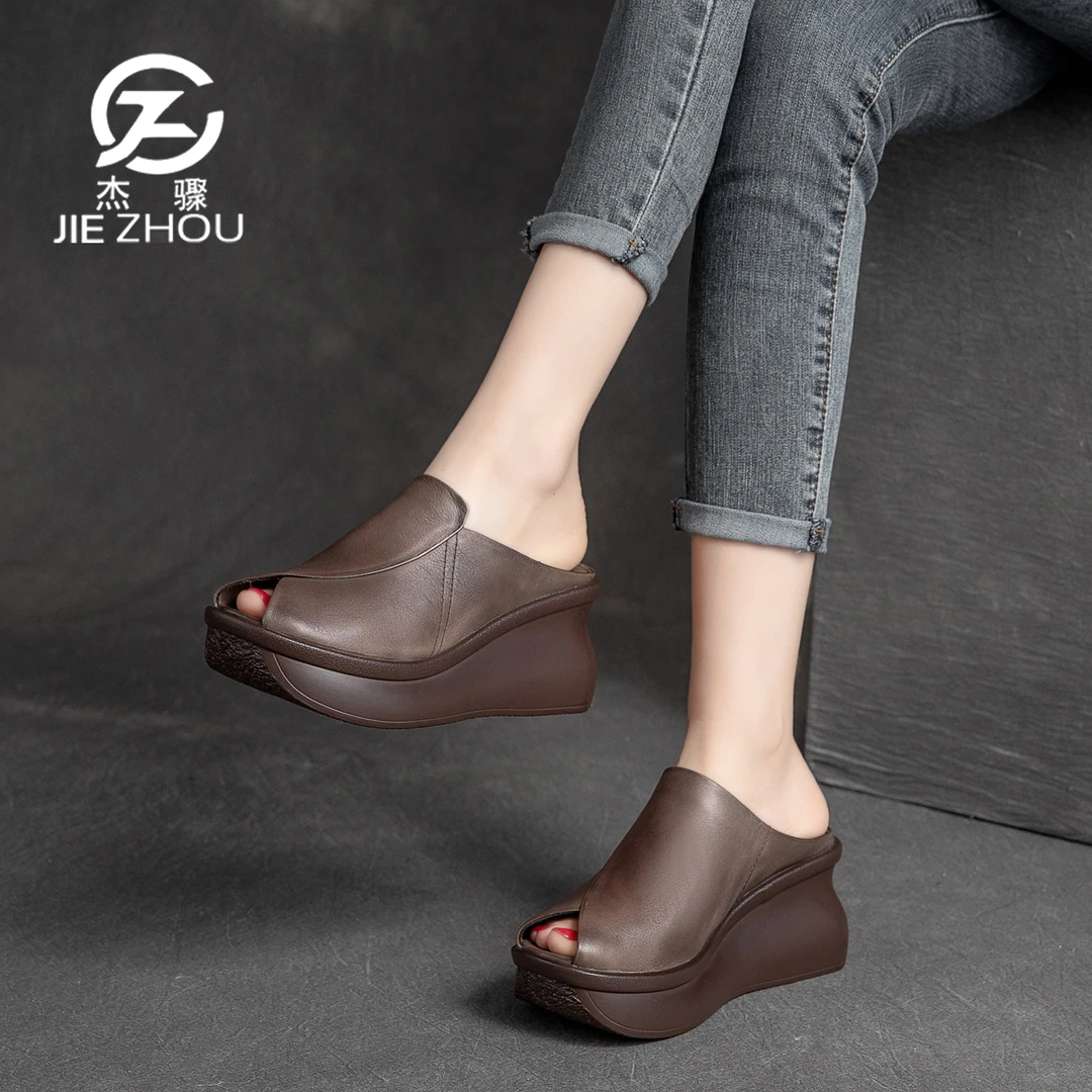 杰骤真皮坡跟拖鞋女款夏季外穿松糕增高厚底妈妈凉鞋复古高跟凉拖