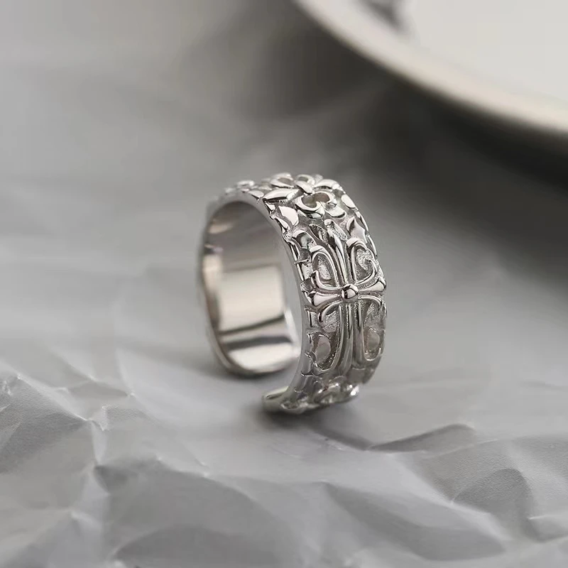 铜合金戒指 潮流饰品嘻哈个性复古十字花指戒开口指环时尚镂空