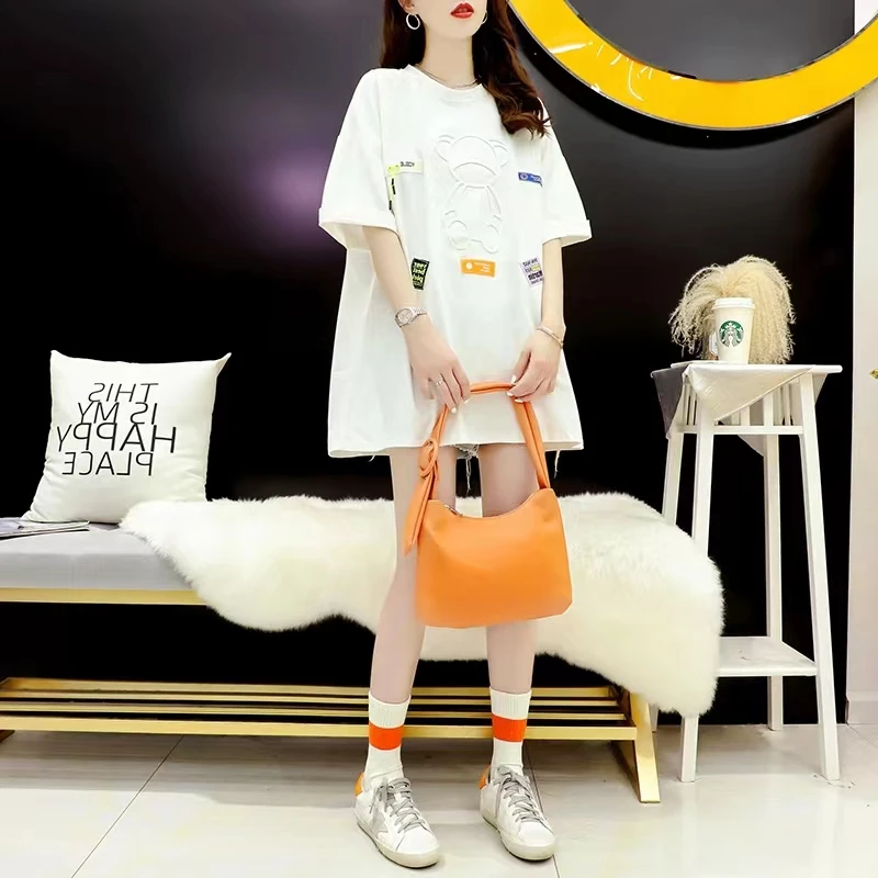 2022女款夏装中长款短袖时尚时尚大版夏季宽松小个子韩版t恤圆领