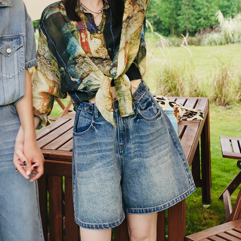 休闲宽松腰部可调节时尚复古高腰显瘦女夏季A字百搭牛仔短裤