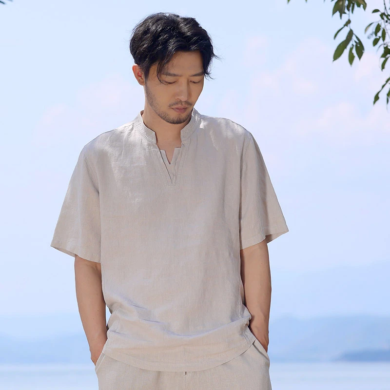 楠国风短袖t恤男夏季宽松薄款透气纯色百搭休闲半袖大码男士宇凯