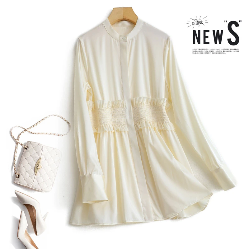 女外穿桑蚕丝立领拼接木耳边长袖素绉缎真丝衬衫女子上衣cy198238