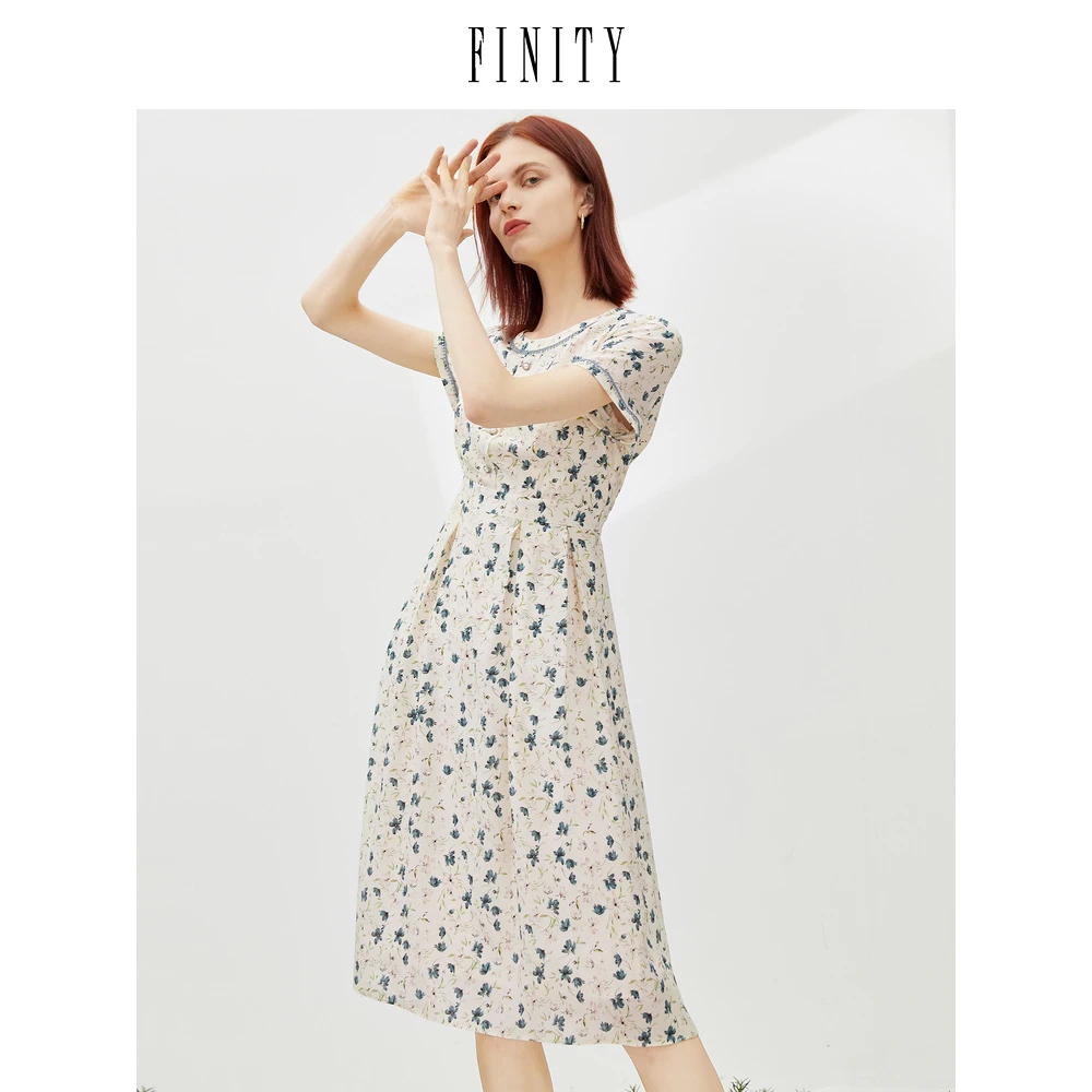 FINITY100%桑蚕丝夏季新款连衣裙碎花真丝裙子时尚法式中长裙通勤