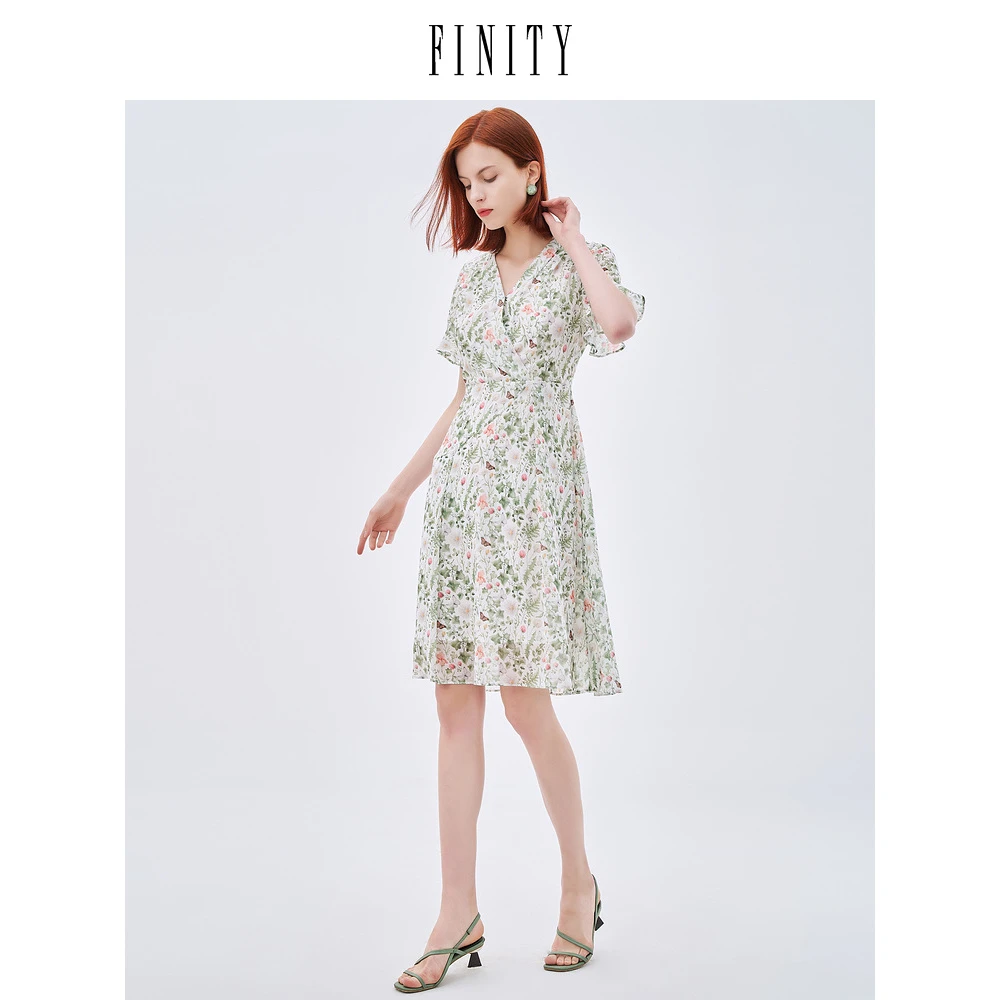 FINITY夏季新款法式宽松减龄印花中长款连衣裙女装连衣裙碎花气质